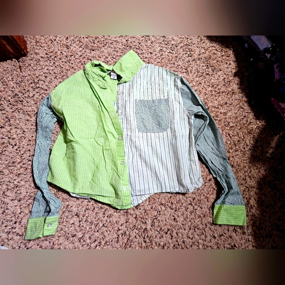 Colorful Planet Green Cropped button up Stripe Patchwork XL 14/16 Girls